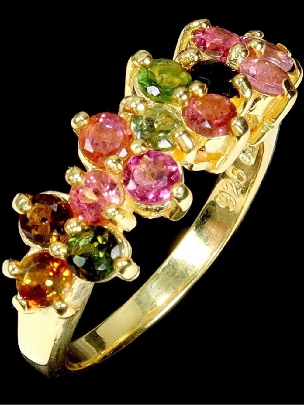 14K yellow gold/ 925 Silver Multicolor Tourmaline Cluster Ring Size 7